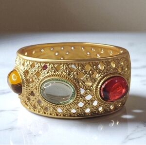 Chunky Matte Gold Lattice Cabochon Hinged Cuff Bangle Bracelet